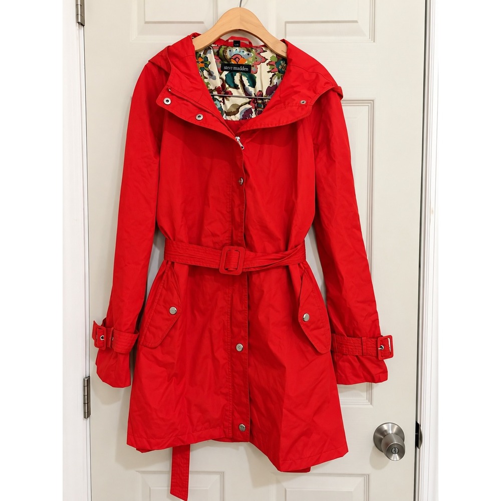 Steve Madden Red Hooded Belted Trench Coat Rain Jacket Floral Lining Large